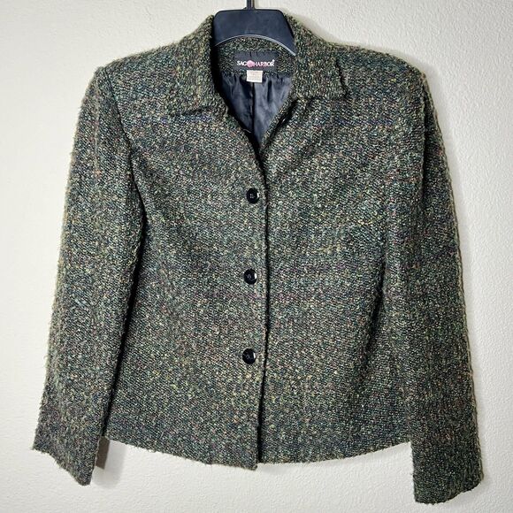 VTG Sag Harbor Green Tweed Blazer Jacket Sz 10 Lined Four Buttons Shoulder Pads - Picture 1 of 9